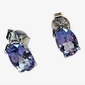 Amethyst Crystal oval 2 CTW Silver Tone Earrings NWOT